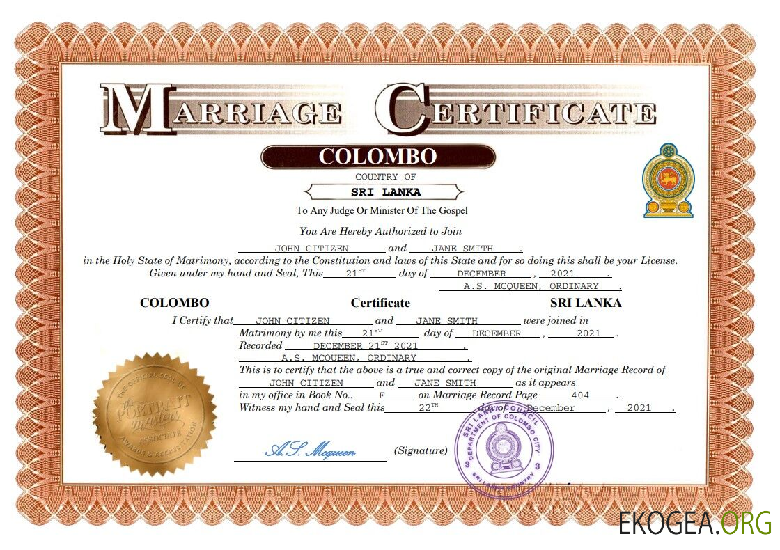 Modèle Word et PDF de certificat de mariage au Sri Lanka,